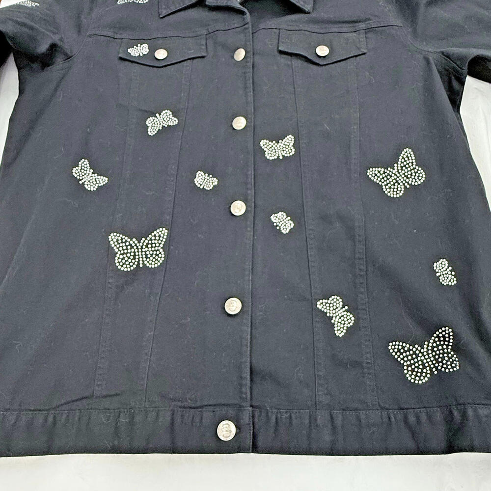 Quacker Factory Womens Large Black Denim Jacket Rhinestone Butterfly Design - Picture 6 of 9